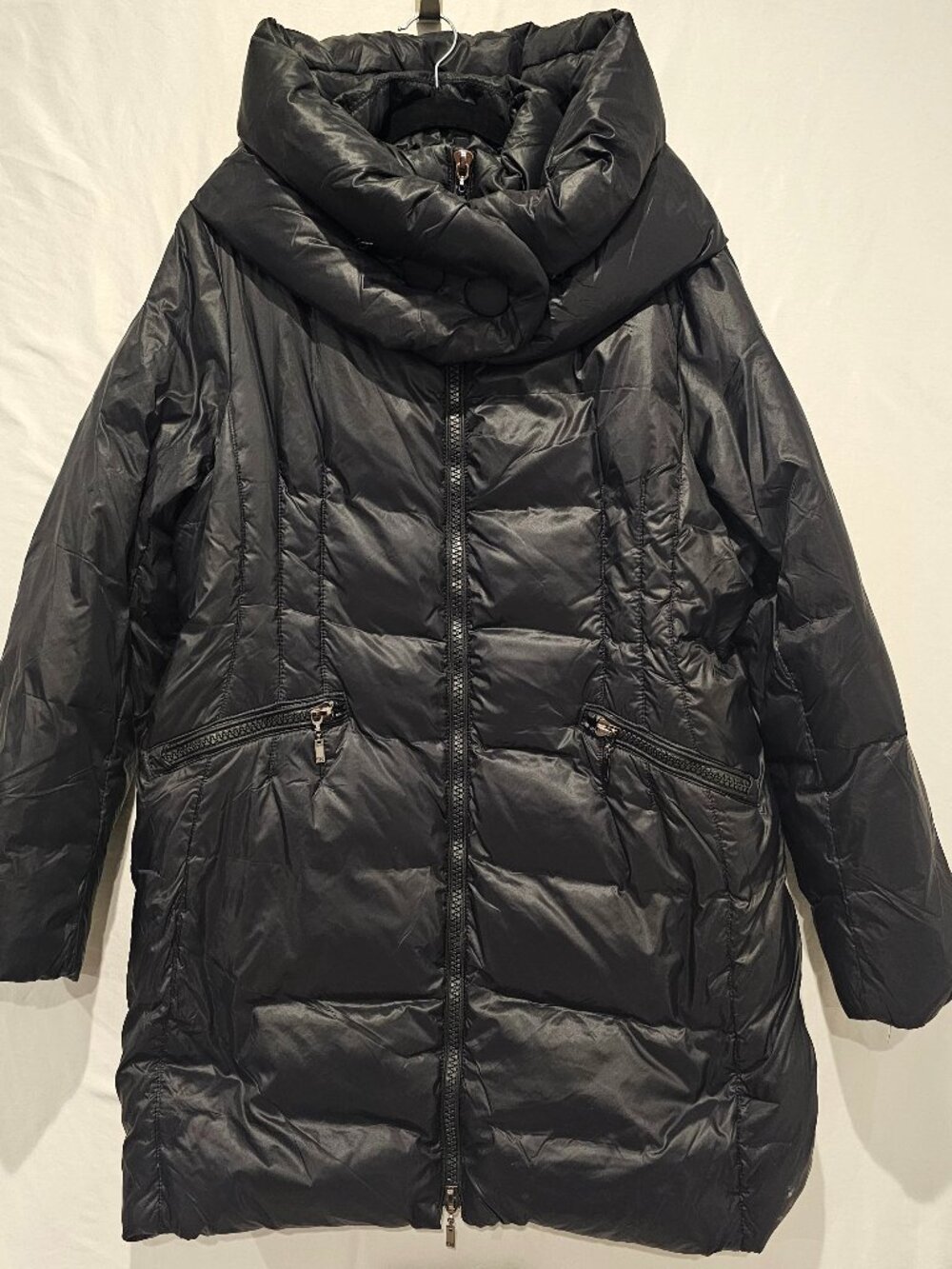Fiorella Rubino Black Quilted Long Puffer Coat Jacket Shawl Collar US 14